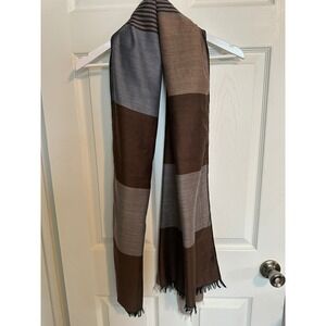 Woven Colorblock Striped Scarf Brown Tan Grey Fringe Rectangle Wrap 26"x72"